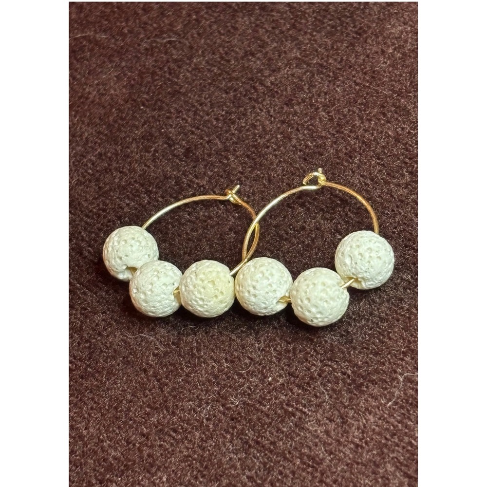 White Lava Rock Bead Gold Tone Hoop Earrings Minimalist Earthy Boho 1 Inch